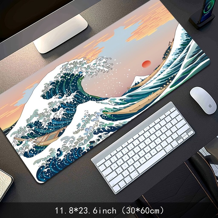 Mouse pad mare impermeabil, model valuri, negru, 30x60cm