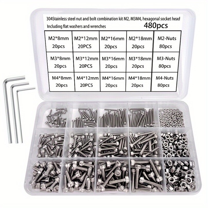 Set suruburi inox hexagon 480 piese M2 M3 M4 cu cheie si saibe