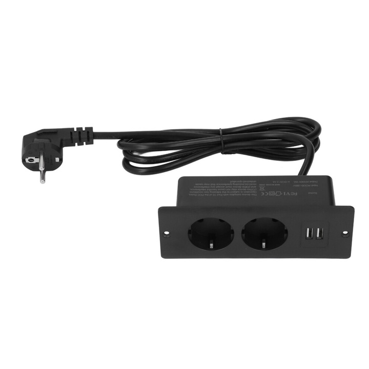 Priza incastrabila cu 2 USB, 2 prize 10A, alb, 160x60x46mm, cablu 1.5m