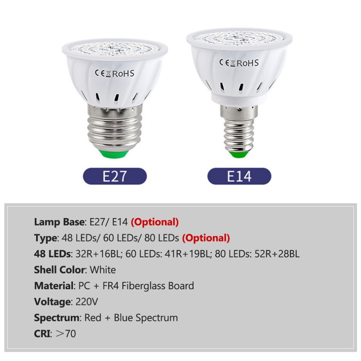 LED növényvilágítás, E14/E27 növekedési lámpa, 48/60/80 LED opciók (32R+16B, 41R+19B, 52R+28B), piros-kék spektrum a fotoszintézishez, 220V, Fehér, 1 db