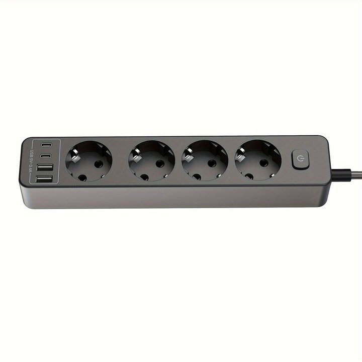 Разклонител с 4 контакта, 2 USB-A, 2 USB-C, черен, кабел 1.8м, защита от пренапрежение 4000W