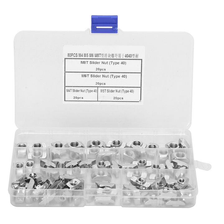 Set 80 piulite glisante T Slot M4 M5 M6 M8 multicolor 4040 aluminiu