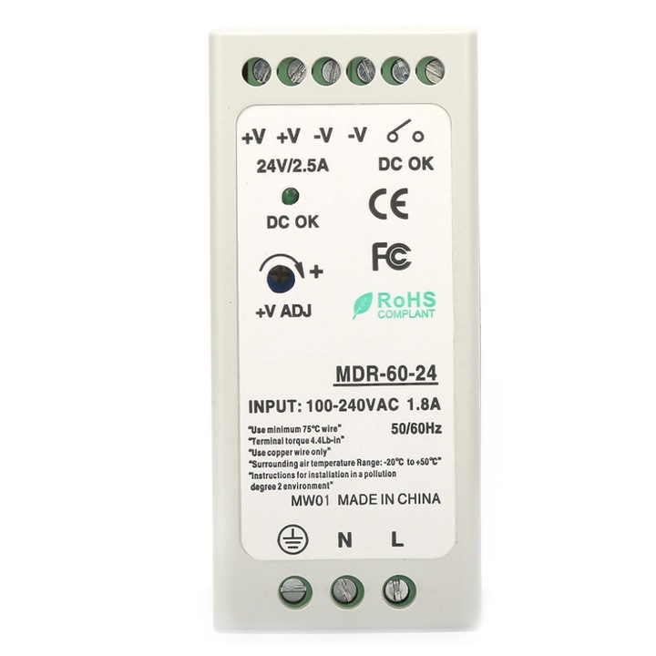 Ipari tápegység 60W 24V DC, DIN sínre szerelhető, kompakt, műanyag, 2.5A