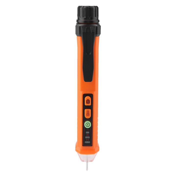 Detector/tester de tensiune non-contact PM8909, detectare AC 12-1000V cu 3 niveluri de sensibilitate, lanterna led si oprire automata, distinge faza/neutru la apropiere, ABS si PVC, portocaliu/negru, 1 buc