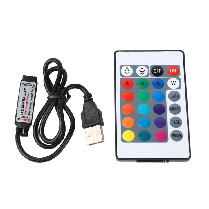 Controler LED USB 5V, 24 taste, cu telecomanda IR reincarcabila 150mAh, pentru benzi RGB, iesire 3x4A, negru, cablu 0.5 m
