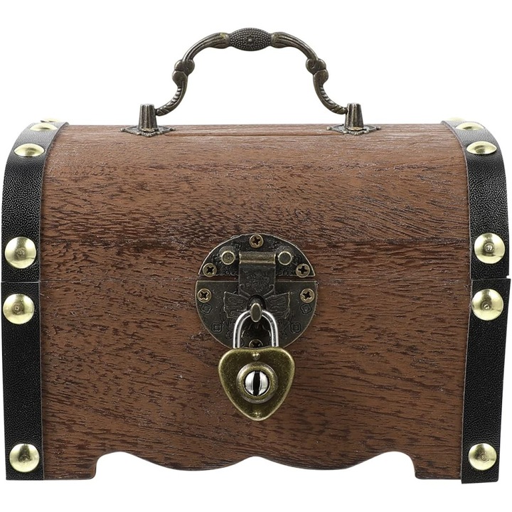 Cutie de bani vintage din lemn, design castel sculptat, lacat metalic, 20x15x12cm