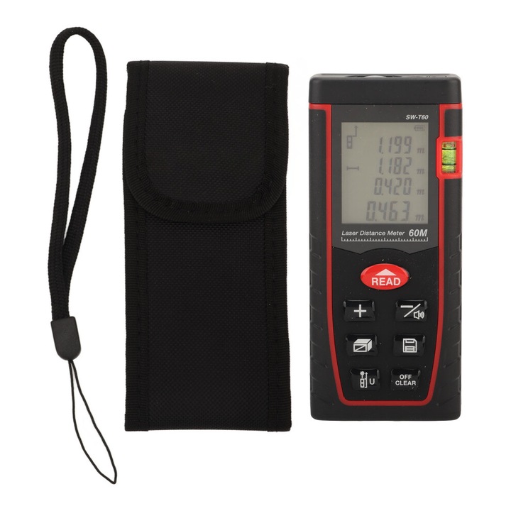 Telemetru laser portabil 60m precizie inalta, infrarosu, 630-670nm, 2mm, 2xAAA, set
