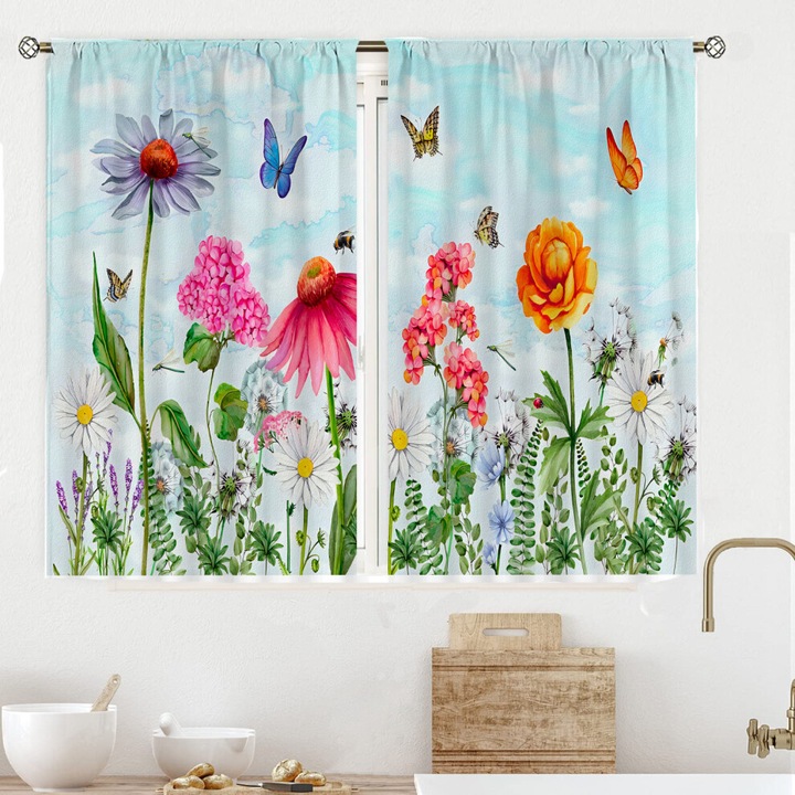 Fényáteresztő függönyök, vintage virágmintás, hőszigetelő, fehér, 140x250cm