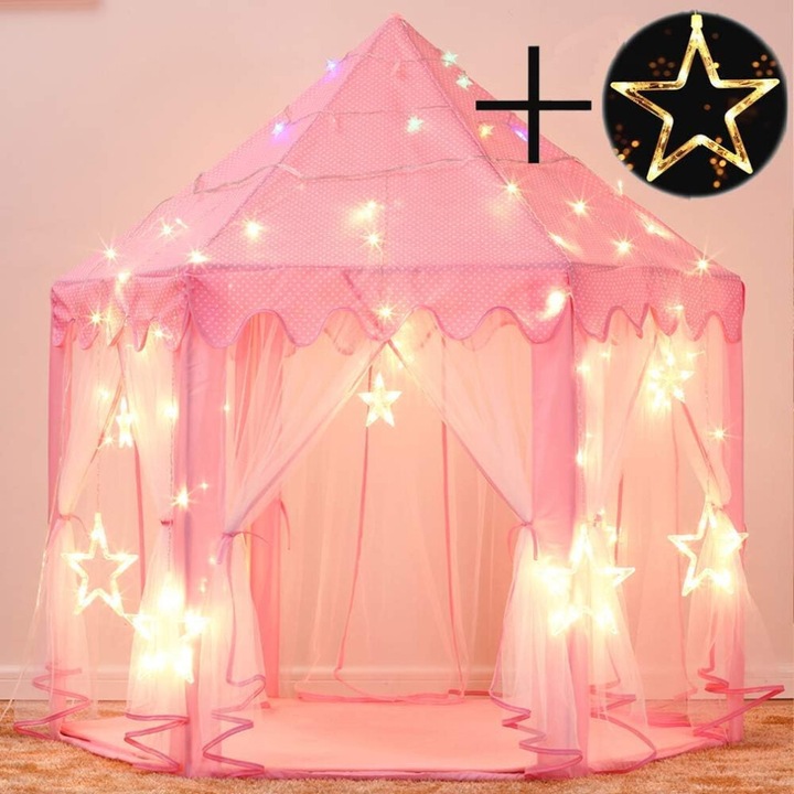 Шестоъгълна палатка за игра за момичета, розов замък, 140x135см, с LED светлини и аксесоари