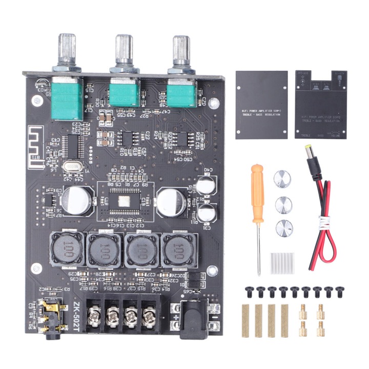 Sztereó audio erősítő modul 2x50W 9-24V, mini, kétcsatornás, fekete