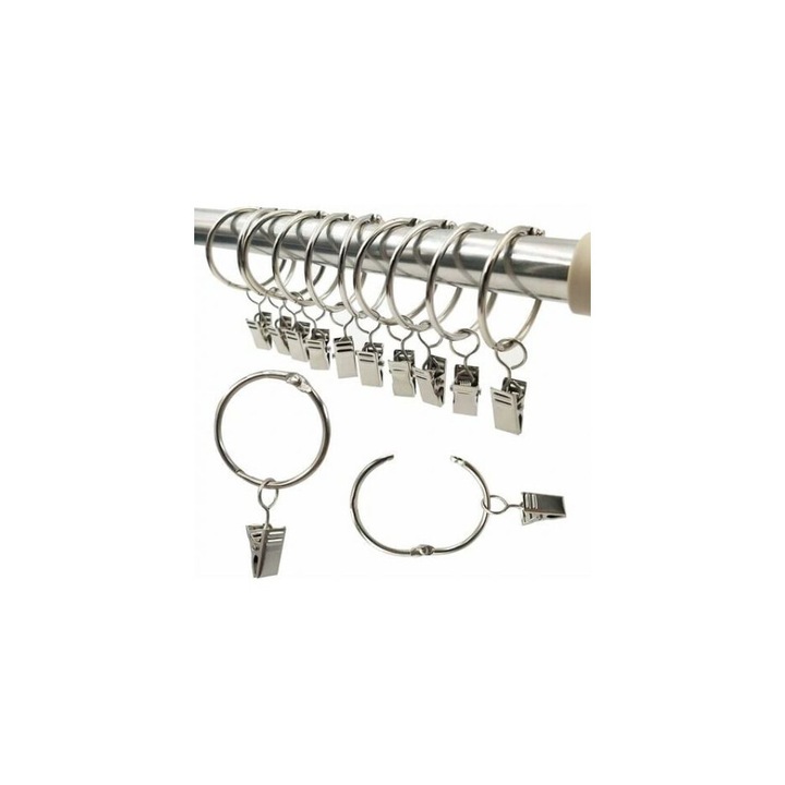 Inele pentru perdele cu clips metalice, rezistente, finisaj elegant, argintiu, set