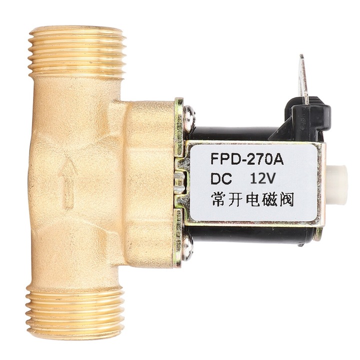 Szelep, szolenoid, sárgaréz, G1/2", normálisan nyitott, 12V DC, vízbemenet, 0-85°C, 0.02-0.08MPa