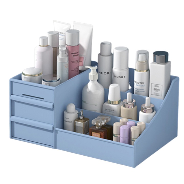 Cutie depozitare cosmetice cu sertare, organizator multifunctional, albastru, 30x20x15cm