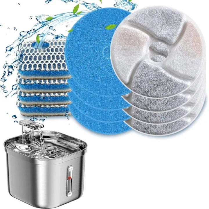 Set 6 bucati, Filtre pentru fantana de apa pentru pisici, cartuse filtrante, filtrare tripla cu strat de bumbac, carbune activ si rasina schimbatoare de ioni, pentru fantani din otel inoxidabil, Alb/Albastru