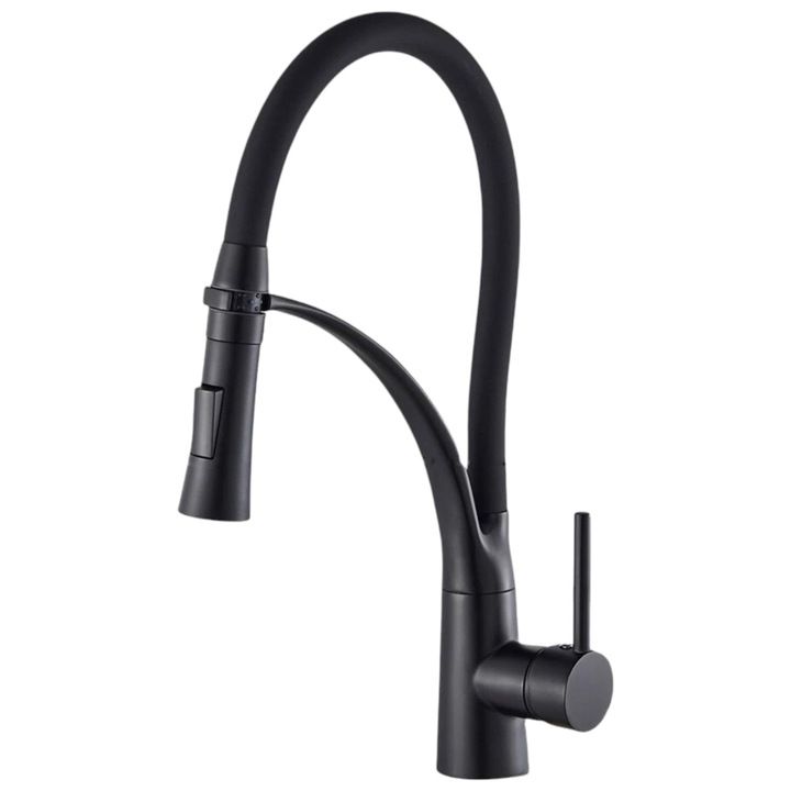 Baterie Chiuveta Bucatarie BisDesign®, Dus Maleabil, 2 Functii de Curgere, Finisaj Negru Mat, Dimensiune 44 cm