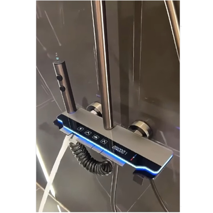 Смарт LED Душ Система, Термостатичен Контрол, 4 Функции, Ултра Широк Дъждовен Душ, Ръчен Душ и Биде, Дигитален Дисплей за Температура, Премиум Матово Сиво Покритие