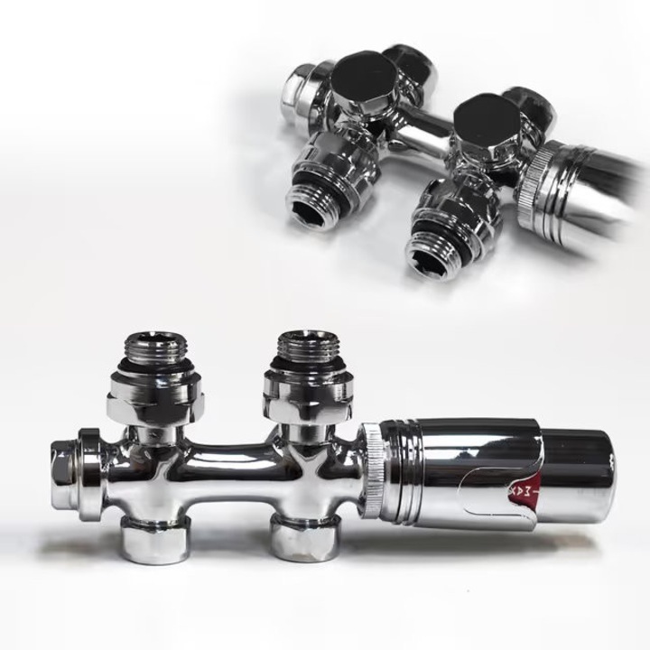 Multobloc Termosztatikus Csaptelep Központi Előremenő Visszatérő 50mm Távolság Törölközőszárító Radiátorhoz és Dekoratív Radiátorhoz, Fényes Króm Kivitel