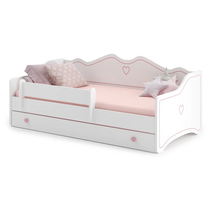 Pat fetite Emma 160x80 cm, roz, cu saltea, sertar si protectie detasabila
