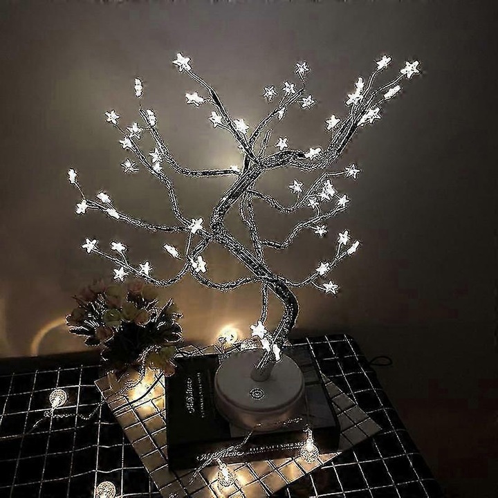 Lumina bonsai 20cm, LED, argintiu, alb cald, USB/AA, senzor tactil