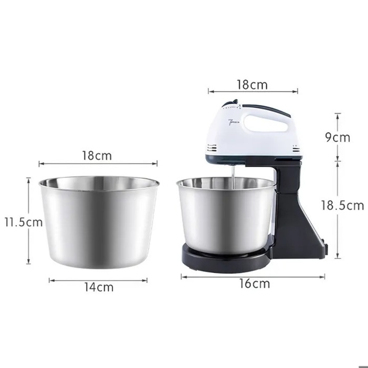Többfunkciós hordozható mixer 100W, 7 sebességfokozat, rozsdamentes acél tál, tartozékok, kompakt