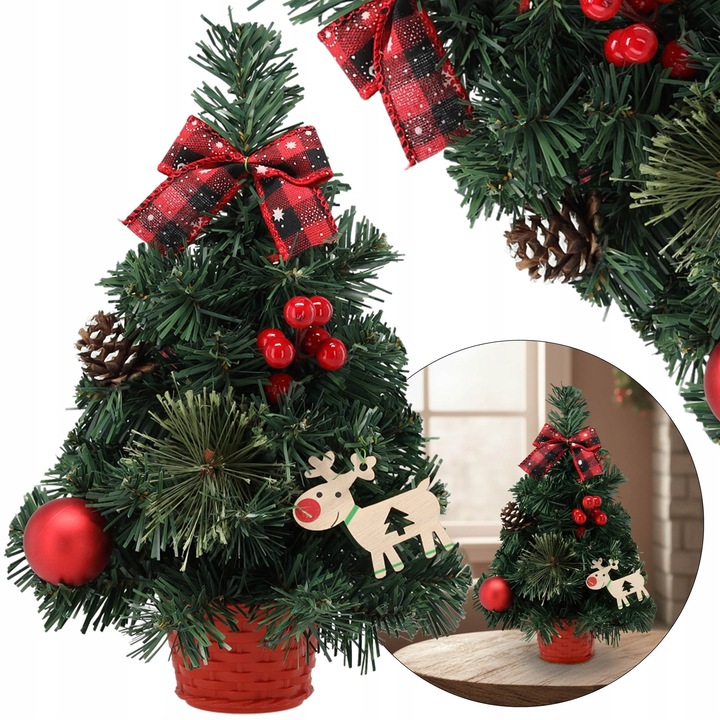 Brad Craciun artificial Sarcia 30cm rosu decorat in ghiveci stabil