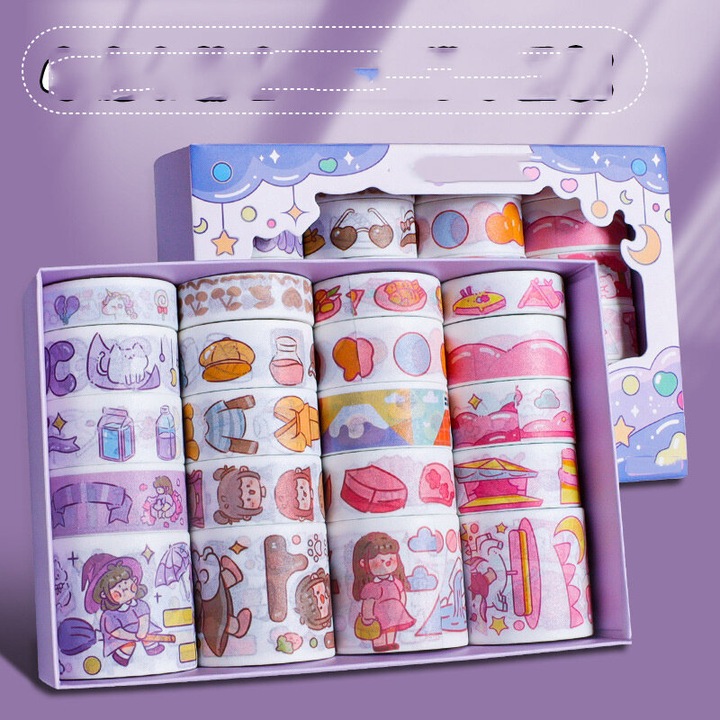 20 tekercses washi szalag készlet, különböző minták, többszínű, 15mmx5m