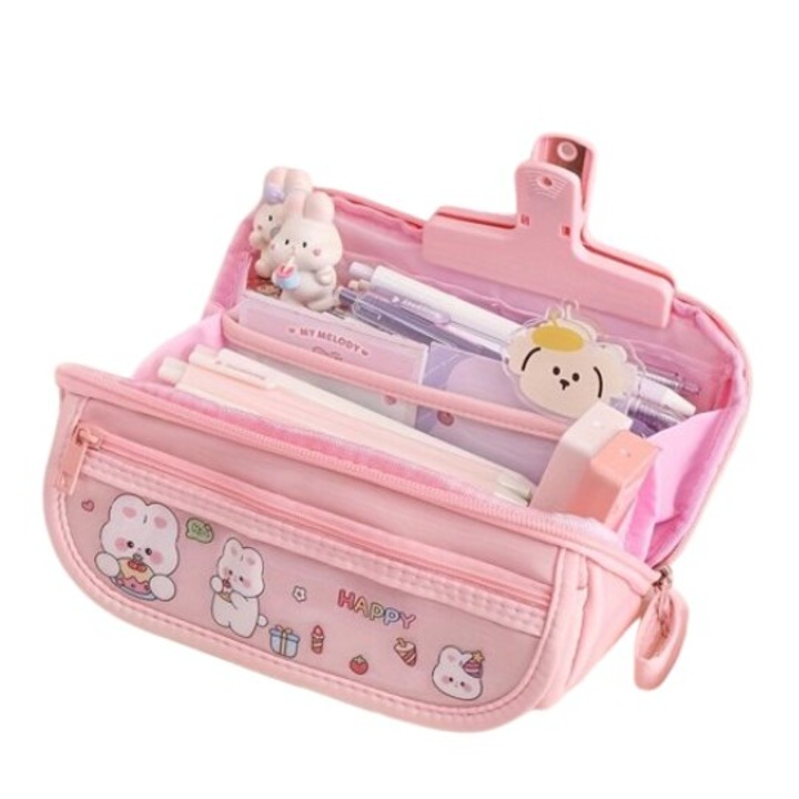 Penar textil roz capacitate mare compartimente multiple 22x10x5cm