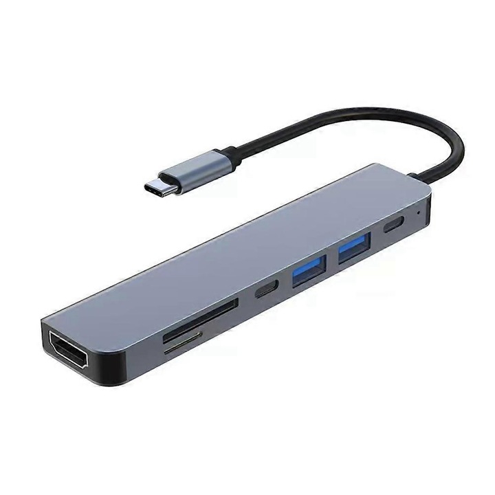 USB Type-C elosztó, 4 portos, alumínium, szürke, 10x5x2cm