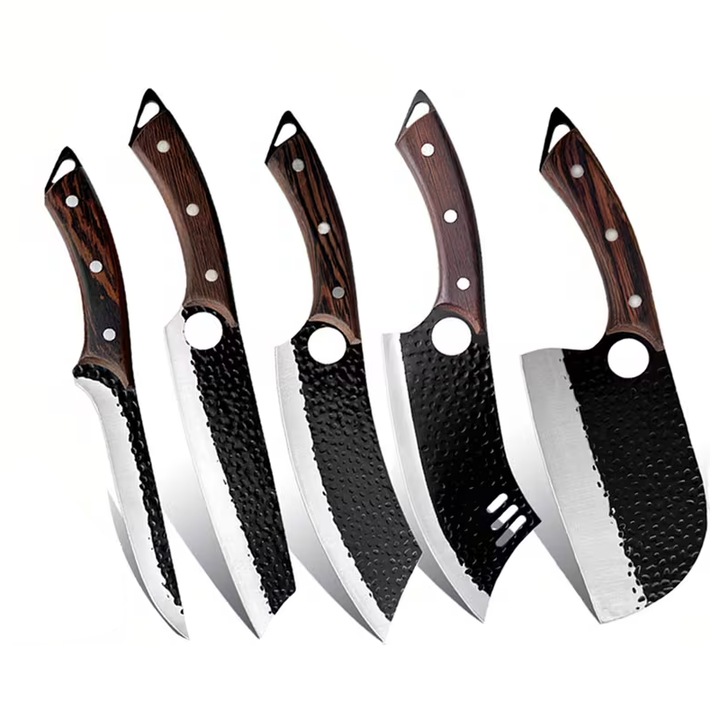 Set profesional 5 cutite masterchef, otel inoxidabil forjat manual, rezistenta HRC 51, pentru macelarie, dezosare, maner ergonomic lemn, husa inclusa