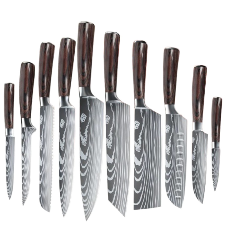 Set profesional 10 cutite de bucatarie, otel japonez inoxidabil, rezistenta HRC 60, maner ergonomic lemn, cutie cadou inclusa
