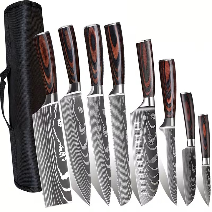 Set profesional 8 cutite de bucatarie, otel japonez inoxidabil, rezistenta HRC 60, maner ergonomic lemn, husa inclusa