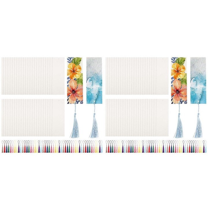 Set 100 semne de carte din hartie acuarela cu ciucuri multicolor DIY