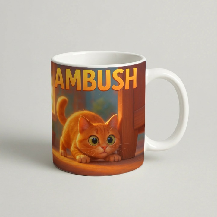 Cana cadou personalizat amuzanta cu mesaj Pisica "Ambush" - Ceramica Premium 330ml