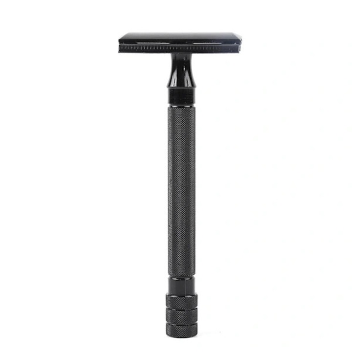 Aparat de ras safety ajustabil cu dublu tais, perie mica inclusa, 5 lame, aluminiu si zinc, Negru, 1 buc