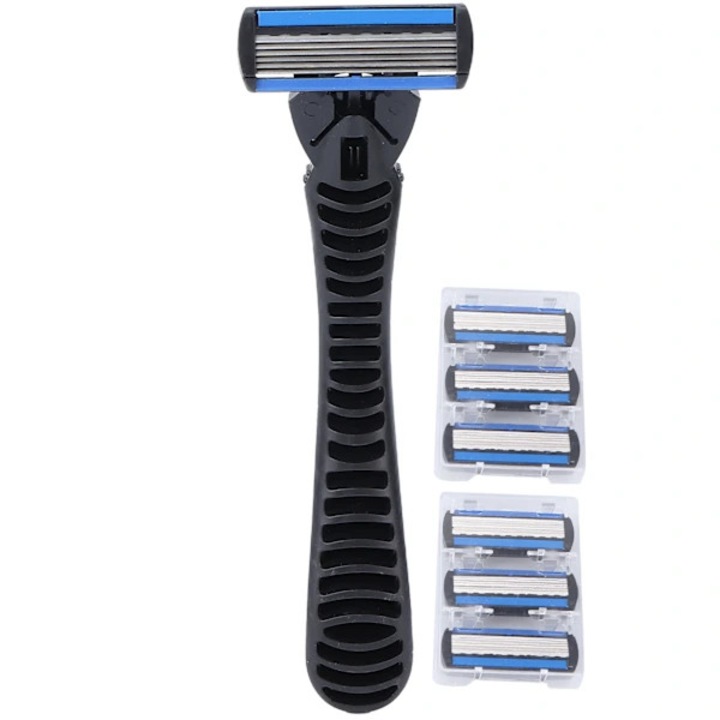 Set aparat de ras manual, 6 lame, maner reutilizabil, argintiu alb, accesorii