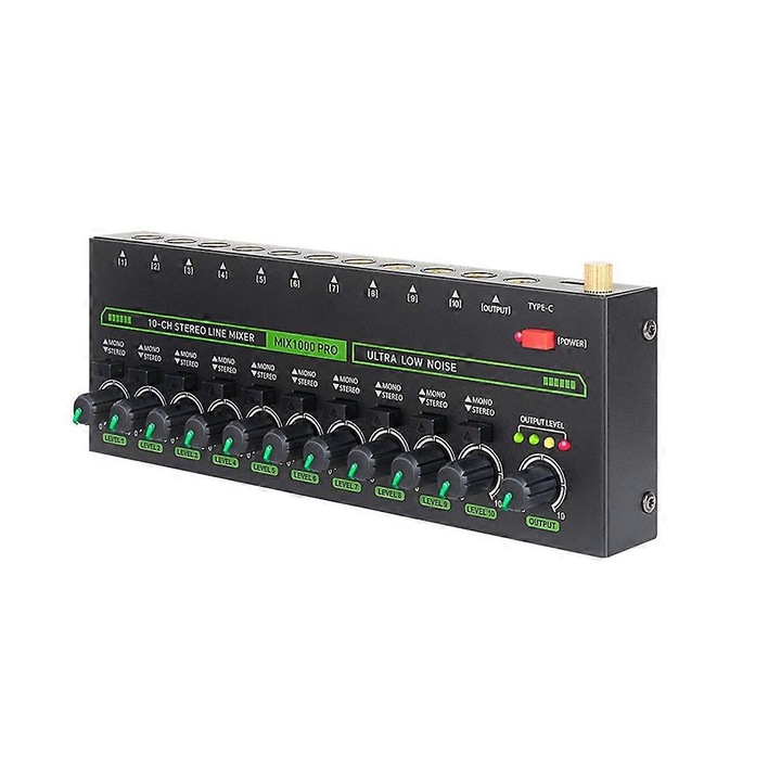 Professzionális 10 csatornás audio keverő, RGB világítás, fekete, kompakt