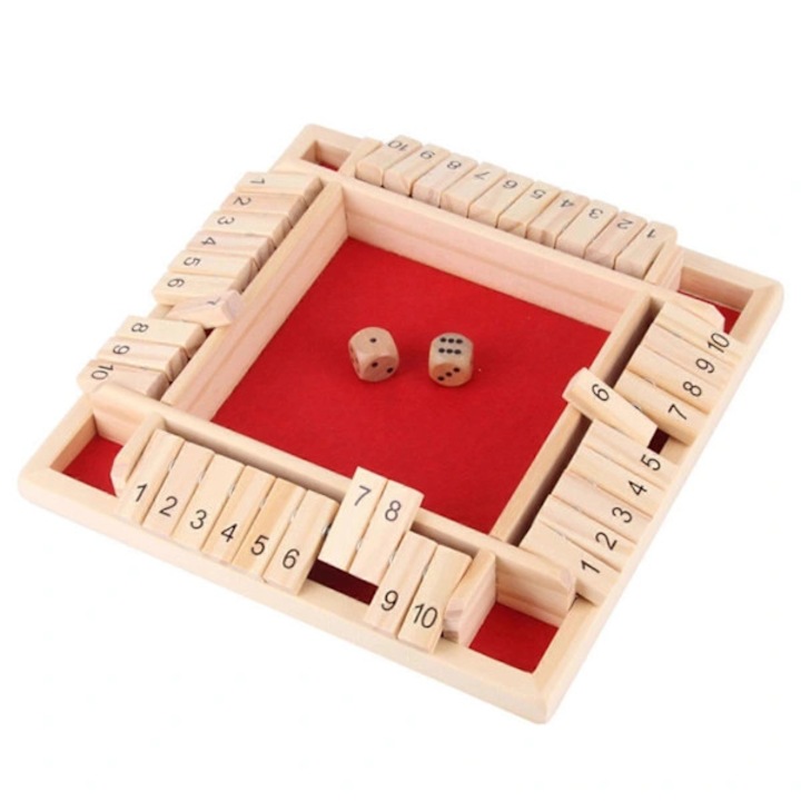 Дървена игра Close the Box, комплект с 2 или 8 зара, червена, 20x20см