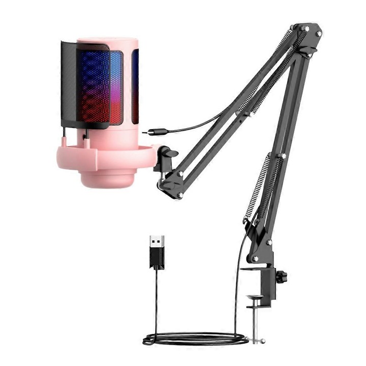 USB kondenzátor mikrofon, RGB, fém állvány, rózsaszín