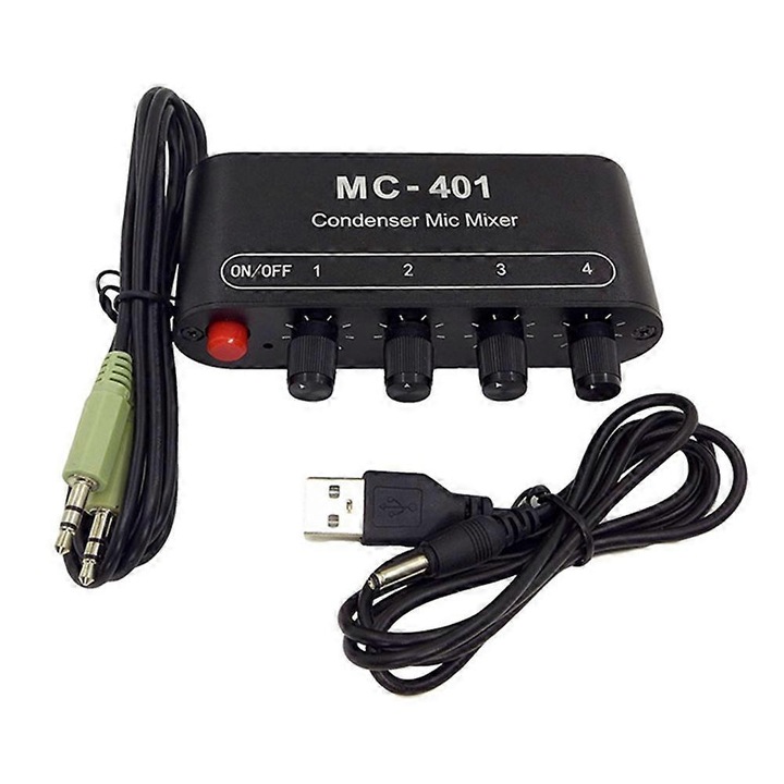 Mini fém audio keverő, fekete, 5V, 4 kondenzátor mikrofon, 3.5mm