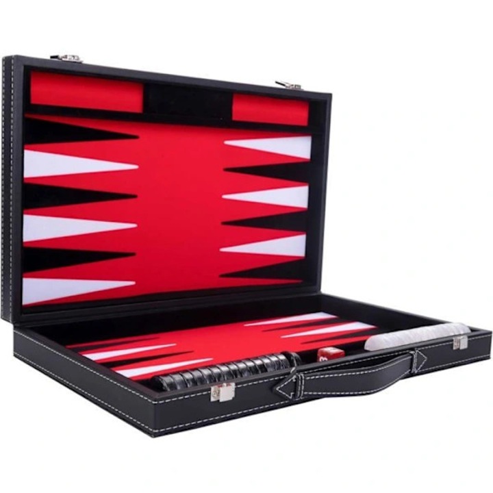 Joc de table lemn, piele ecologica, interior fetru, piese perlate, 45.5cm, rosu-negru-alb