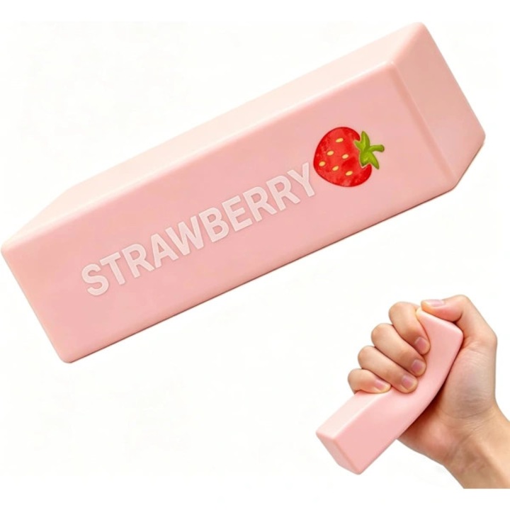 Jucarie antistres squishy, Baton de unt Capsuna, cu revenire lenta, textura moale si rezistenta, Roz, 1 buc