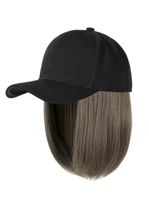 Sapca baseball cu extensii de par drept scurt bob negru 20cm