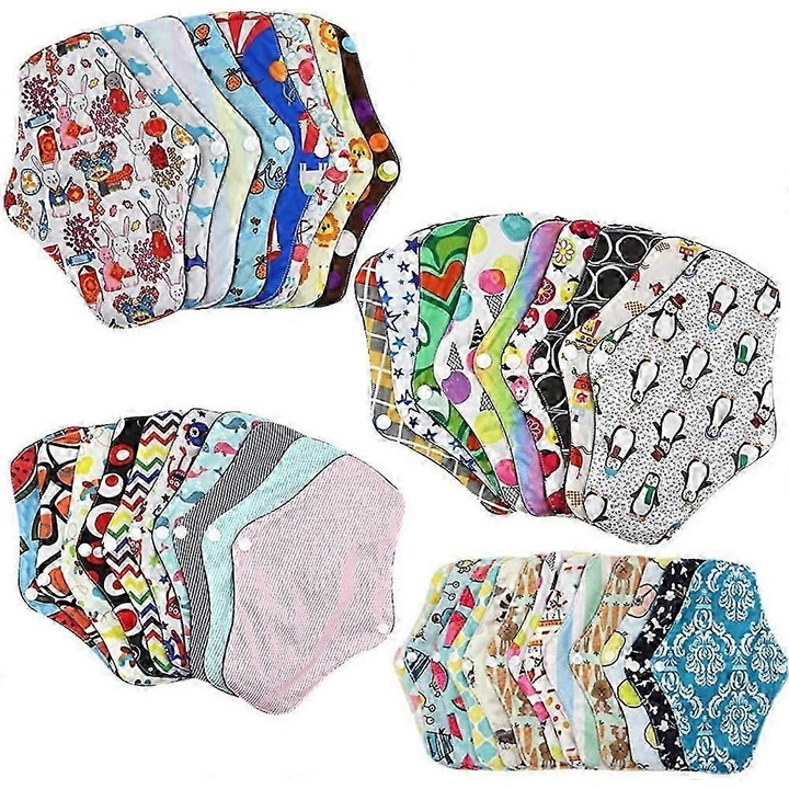 Set 10 Tampoane Menstruale Reutilizabile, Bumbac Bambus, Absorbante cu Aripioare, Multicolor, 10 buc
