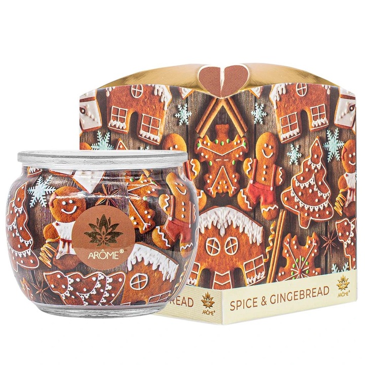 Ароматна свещ AROME Spice & Gingerbread, 90гр, 22ч, бяла, в подаръчна кутия
