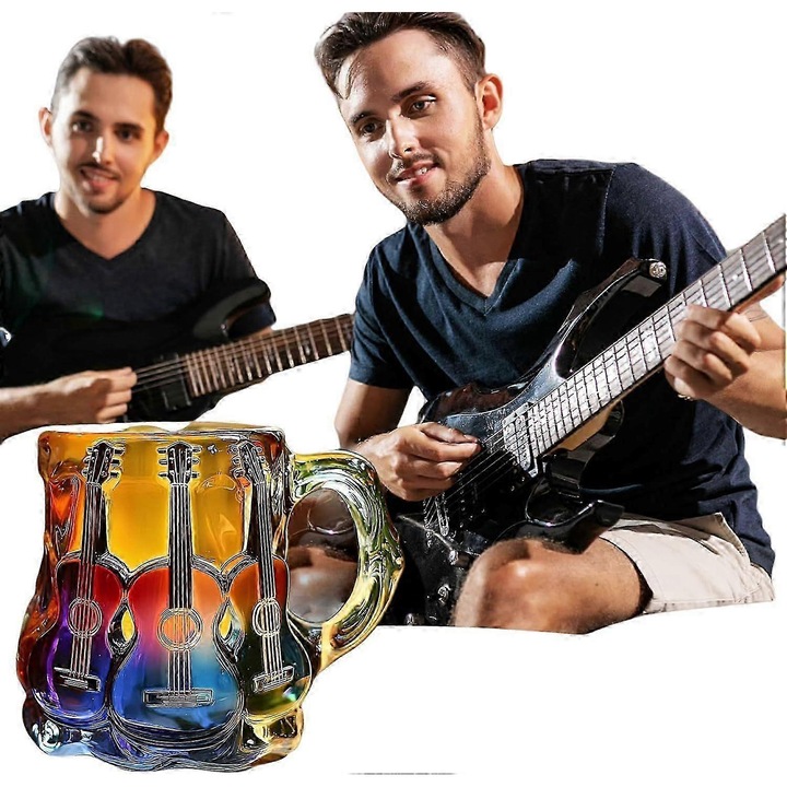 Cana sticla 3D chitare multicolor 470ml ergonomic
