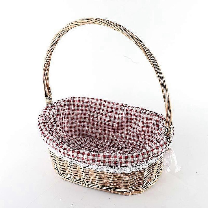 Cos picnic din rachita, oval, cu maner, captuseala din bumbac, 30x20x32cm, natural