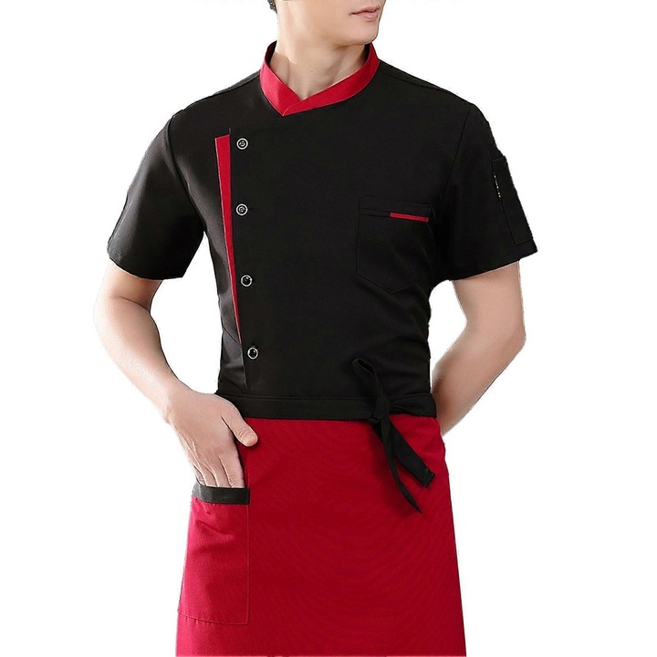 Set uniform bucatar maneca scurta, guler in picioare, alb-negru, M, cu sort