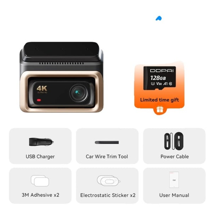 Camera auto DVR 4K, vizibilitate nocturna avansata, 1 canal, 128GB, compacta