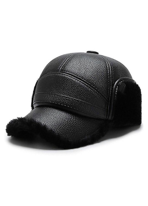 Sapca barbati piele PU calduroasa protectie urechi negru 56x58cm