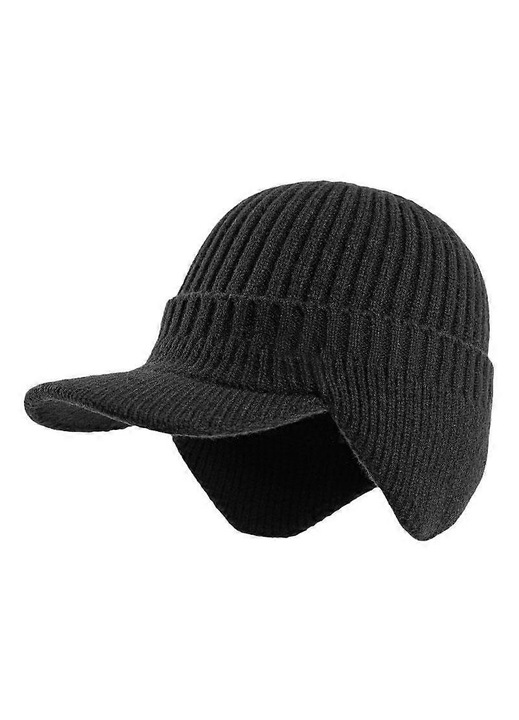 Caciula tricotata tip sapca pentru barbati din poliester, cu gluga si protectie pentru urechi, cozoroc ingrosat, negru, 56-58 cm